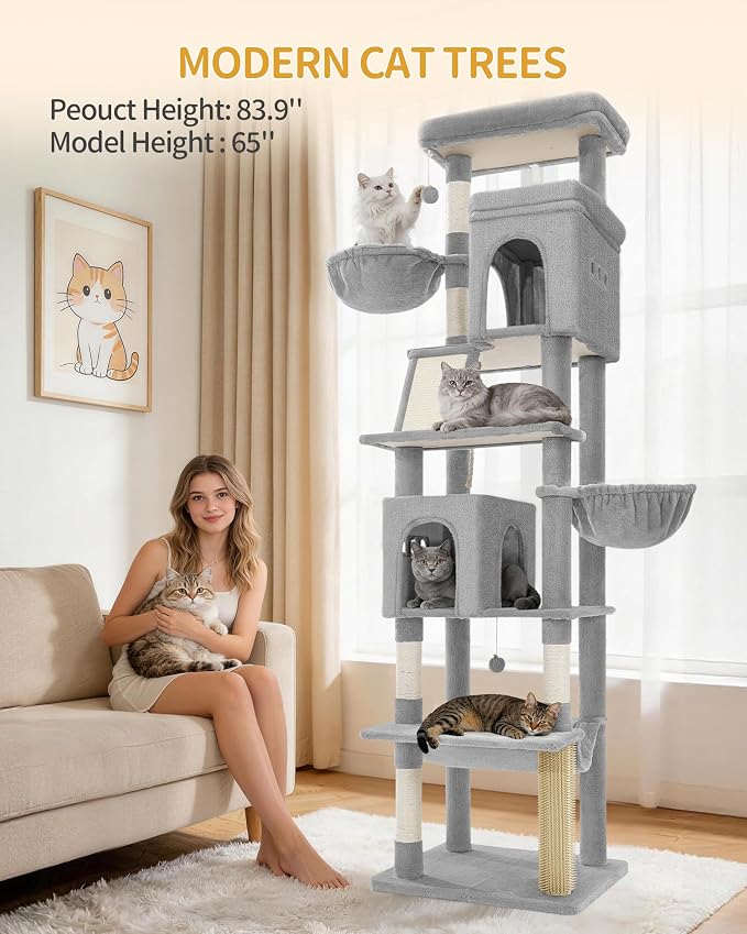 Hzuaneri Tall Cat Tree 84 Inch, Indoor Large Multi-Level Cat Tower | Cat Condo Furniture with 5 Scratching Post, 2 Hanging Basket, 2 Condo, 2 Large Platform, Pet Play House, Light Grey MS21318LG