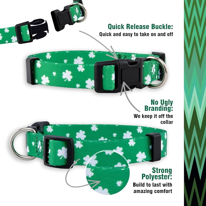Native Pup St Patricks Dog Collar- Saint Patrick Green Shamrock Pet Collars- St. Patrick’s Lucky Irish- Cute Boy Girl Puppy Gift- Adjustable for Small, Medium, Large Breeds (Lucky Shamrock, Medium)