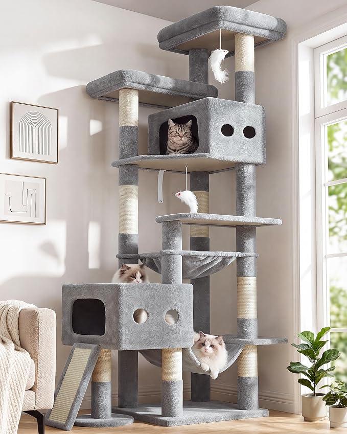 Globlazer 83inch Sturdy Multi-Level Tall Cat Tower, S83G, Light Grey | Extra Large Heavy Duty Cat Tree for Indoor Large Adult Cats Kittens with 2 Cat Condo, 8 Scratching Post, 2 Hammock