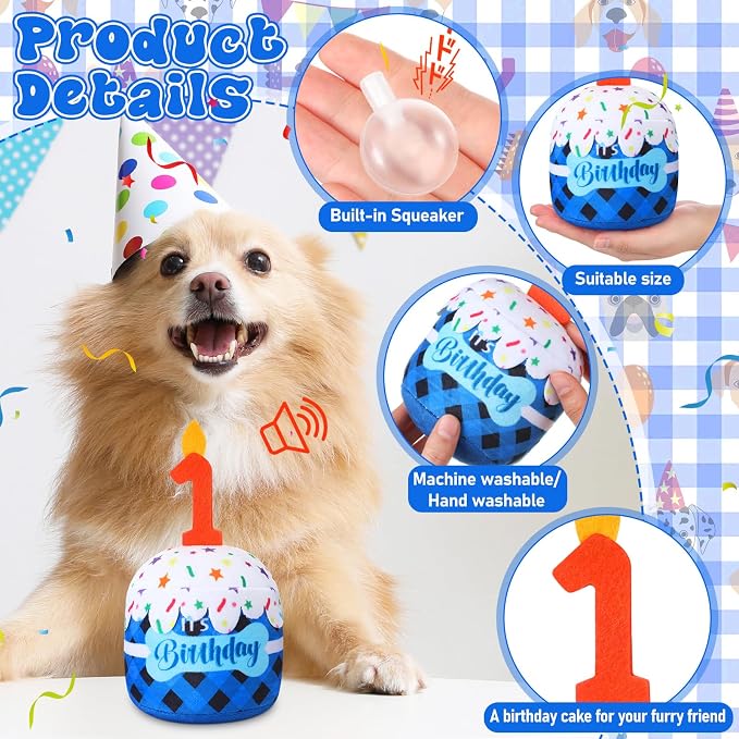 Dansydaisy Dog Birthday Cake Toy Squeaky Plush Toy for Girl Boy Gifts, Chew Accessories for Dog Birthday Party Decor Favor for Large, Medium and Small Dogs(1st,Blue Grid)