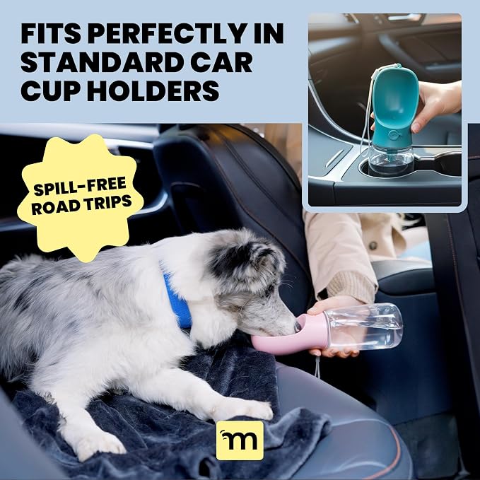 MalsiPree On the Go Dog Water Bottle - 12 oz Pink, Leak-Proof | 12oz leak-proof bottle & built-in bowl - one-hand use - Use for dog travel, hiking, park & beach days