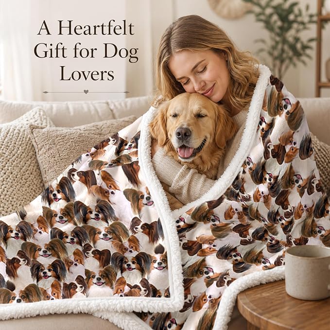 BlessLiving Papillon Brown Throw Blanket with Dense Dog Patterns Sherpa Fleece Blanket Couch Bed, Soft Cozy Warm Pet Blankets for Puppy Lovers Cute Animal Print Gift 50x60 Inches