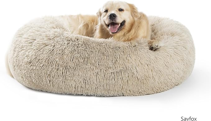SAVFOX 36 inches Calming Donut Dog Bed - 3X Durable Plush Faux Fur, Machine Washable & Non-Slip, Fits up to 100 lbs, Beige