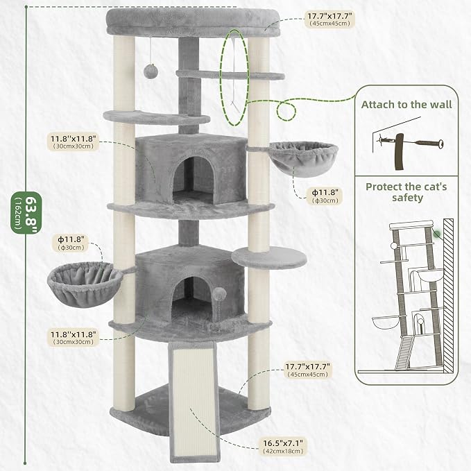 Corner Cat Tree, All Sisal Multi-Cat Scratching Posts GCT035W | 63.8" Cat Tower for Indoor Cats with Cat Condo, 2 Large Cat Caves, Big Top Perch, 2 Hanging Baskets & Sisal Ramp, Light Gray