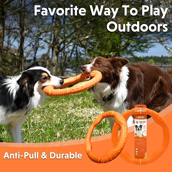 LaRoo Dog Chew Toy Ring, Floating Dog Pool Toy, Flying Disc for Medium & Large Dogs, Interactive Tug of War & Teething Relief, Pet Training Outdoor Fetch Toys (Orange,11.8'')