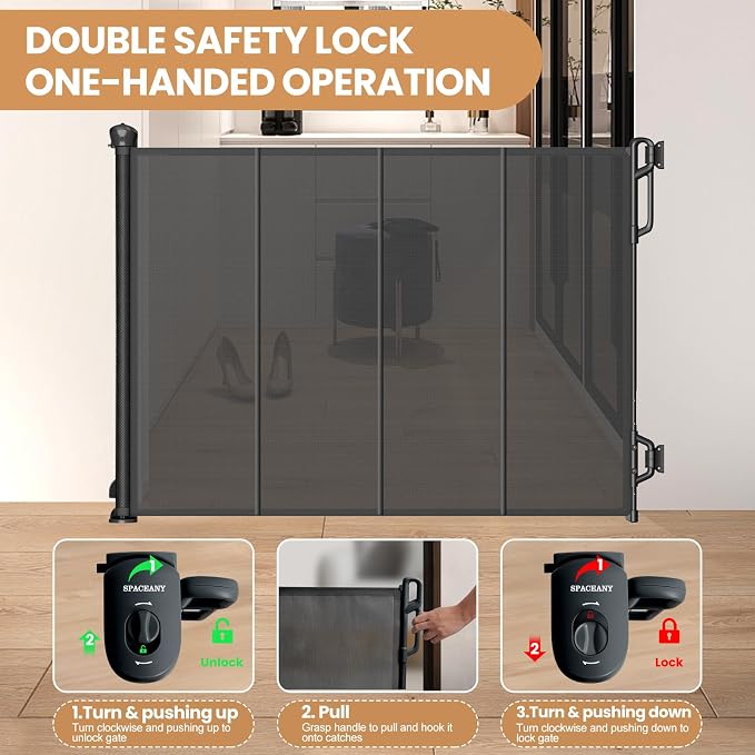 SPACEANY Reinforced Retractable Baby Gate or Mesh Dog Gate,Easy to Use for Stairs, Doorways, Hallways, Indoor, Outdoor, Wide Pet Gate 33.5" Tall, Extends to 55" Wide,Black