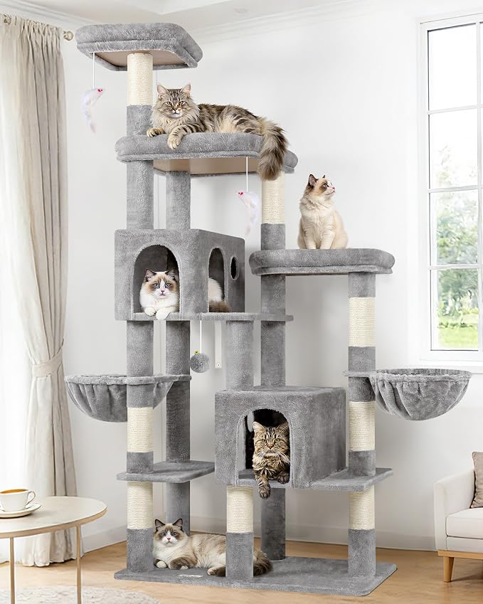 Globlazer 74in Large Sturdy Cat Tree for Large Cats, F74F, Light Grey | Tall Maine Coon Cat Tower for Indoor Cats Large Adult with 8 Scratching Posts, 2 Spacious Cat Condos, 3 Perches