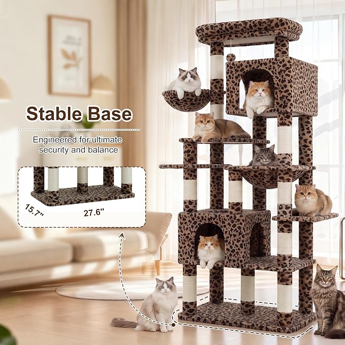 Heybly Cat Tree, 76-Inch Tall Heavy Duty Cat Tower for Big Cats HCT039BW | Multi-Level Large Cat Furniture with Extra Wide Baseboard, 2 Condos & 2 Hammocks, 10 Scratching Posts, Leopard Print