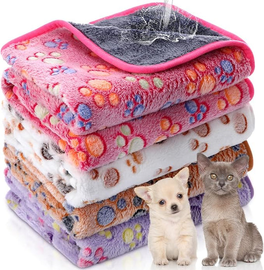 Panelee 24 x 16 Inch 4 Pcs Washable Dog Blankets Waterproof Cute Paw Print Fleece Blanket Reusable Puppy Blankets for Small Medium Pet Cat Whelping Warm Soft Mat Guinea Pig Cage Liners
