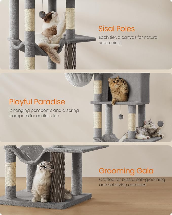 Feandrea Cat Tree, 69-Inch Tall Cat Tower, Multi-Level Plush Condo with 2 Caves, 2 Baskets, 5 Scratching Posts, Self-Groomer, Perch, Hammock, Dove Gray UPCT182G01