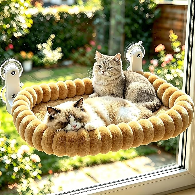 IPOW Cat Window Perch Cordless Foldable Cat Hammock Bed for Window with 4-Sided Bolster, Sturdy Metal Frame & Strong Suction Cups Window Hammock for Large Cats and Kittens