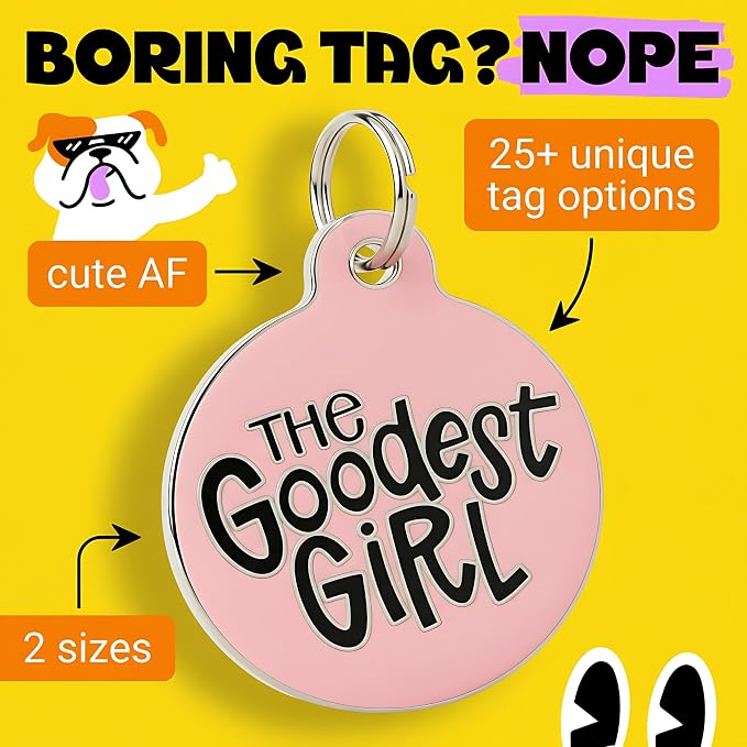 Bad Tags Personalized Dog and Cat ID Tags in 25+ Designs and 2 Sizes - 5 Lines of Custom Engraved Text - Funny Cute Personalized Pet Tags (The Goodest Girl, Large (1.25 inch))