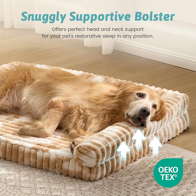COZY KISS Ultra Soft Faux Rabbit Fur Dog Bed for Large Dogs – 44"x32" Orthopedic Foam Couch, Removable Washable Cover & Waterproof Lining, Tie-Dye Brown