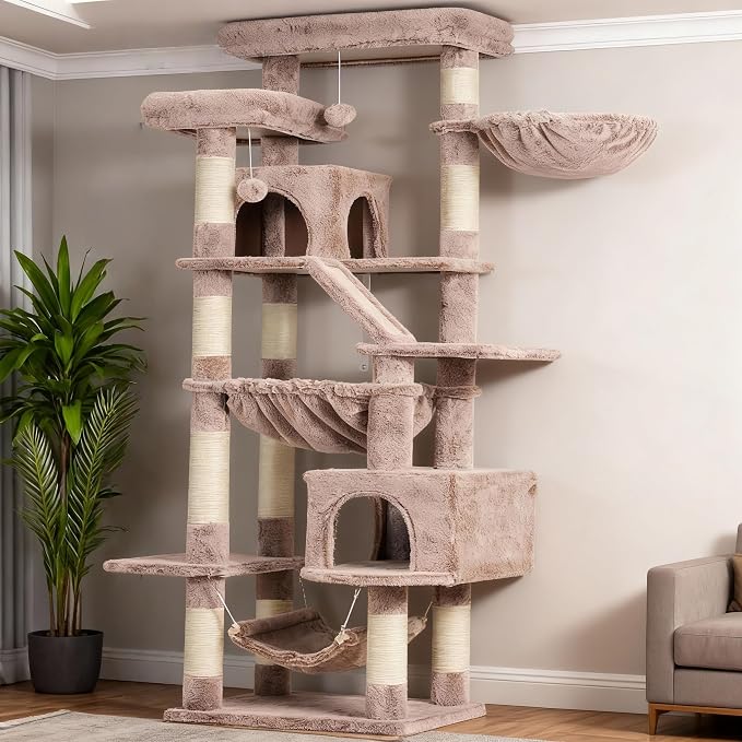 Heybly Cat Tree, 71-Inch-Tall Tower for Indoor Cats with 2 Perches HCT034MU | Large Cat Furniture with 2 Big Condos, 2 Hammocks, Basket, Scratching Pad, Multi-Level Cat Condo, Rosy Brown