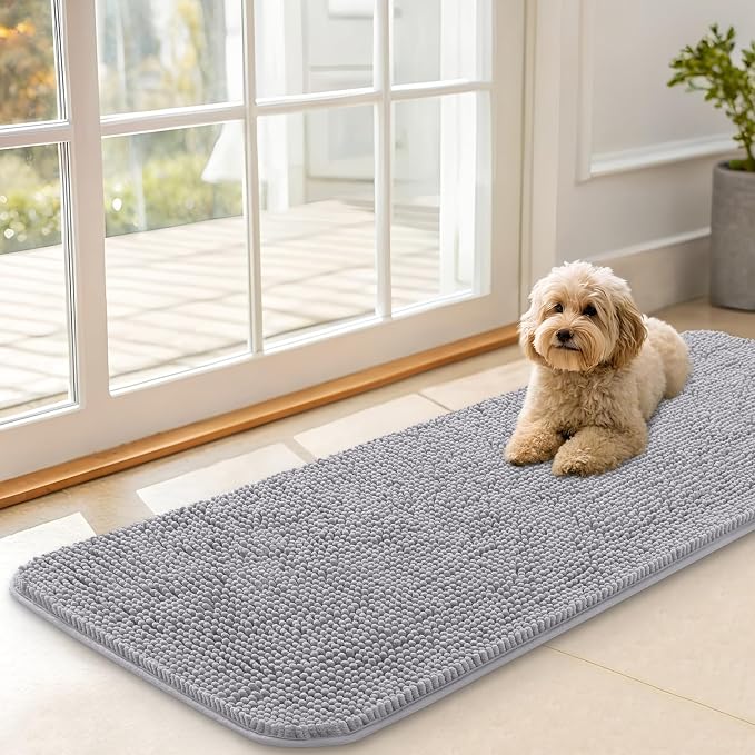OLANLY Dog Door Mat for Muddy Paws 47x17, Super Absorbent Chenille Mud Mat | Light Grey, Absorbs Moisture and Dirt, Non-Slip Machine Washable Doormat, Quick-Drying Indoor Entryway Floor Carpet for Dogs