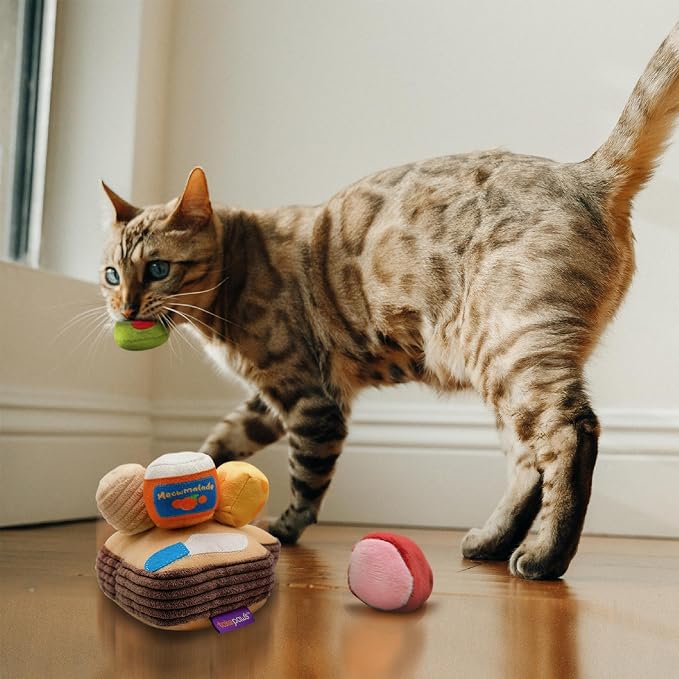 Pounce & Purr Charcuterie Cat Toy Set with Catnip & Silvervine 6-Piece Plush Cat Toys for Indoor Cats, Kitten Chew Toy, Kicker & Unique Cat Gift - Cheese Board Playset