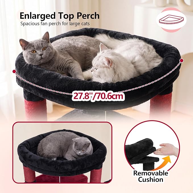Heybly 53.1" Corner Cat Tree for Large Cats – Interactive Play HCT029BR | Sturdy Cat Tower with Cozy Cat Condo, Fan-Shaped Top Perch, Basket, Hammock & Solid Base, Black and Red