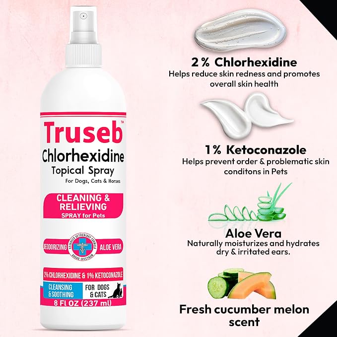 Truseb Advanced Strength Medicated Chlorhexidine for Dogs Cats Horses Skin Spray with Aloe Vera - Medicated Ketoconazole Spray for Skin Irritation, Hot Spots, Redne (Medicated Ketoconazole Spray, 8oz)