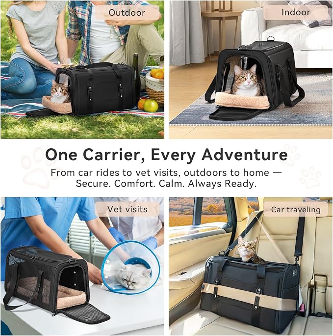 PETSFIT Large Cat Car Carrier with Patented Safety Buckles(19 x 12 x 12) – Roomy Escape-Proof for Safe Driving, Lockable Zippers & Safety Tether, Soft-Sided Travel Carrier for Road Trips & Vet Visits