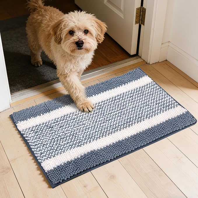 Dog Door Mat for Muddy Paws - Absorbent Quick-Dry Non-Slip Washable Chenille Pet Rug, Indoor Entryway Mat for Front Door & Crate (Blue White, 30" L*18" W)