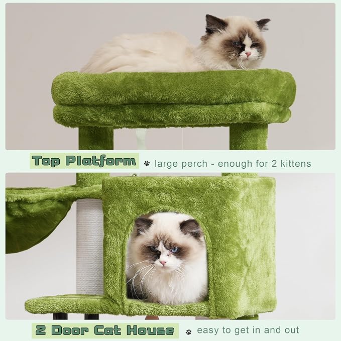 Cat Tree, 43.3'' Cat Tower with Hammock for Kittens GCT004SGR | Cat Condo House for Small Indoor Cats, Basket, Scratching Post, Large Platform, Sturdy Steel Tube, Sisal Rope, Green