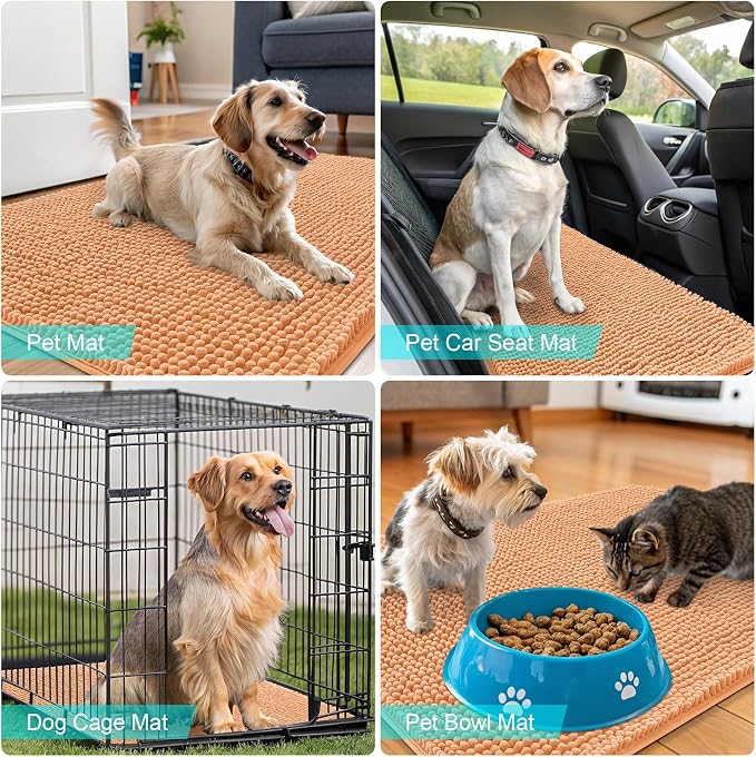 OLANLY Dog Door Mat for Muddy Paws 70x35, Super Absorbent Chenille Mud Mat | Orange, Absorbs Moisture and Dirt, Non-Slip Machine Washable Doormat, Quick-Drying Indoor Entryway Floor Carpet for Dogs