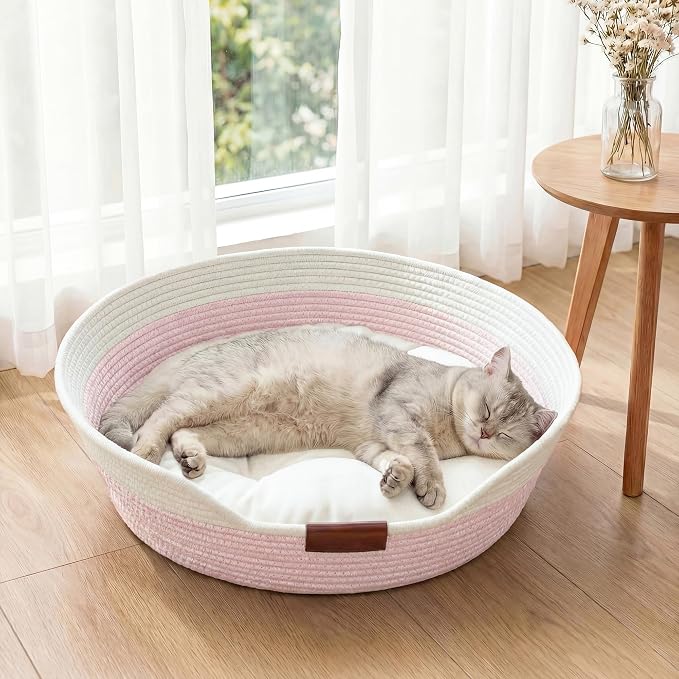 YOUDENOVA Cat Bed Basket with Removable Cushion,Stimulicat Handwoven Cat&Dog Basket,Cat Beds for Indoor Cats Couch, Kitten Bed for Medium and Large Cat, All Season Universal