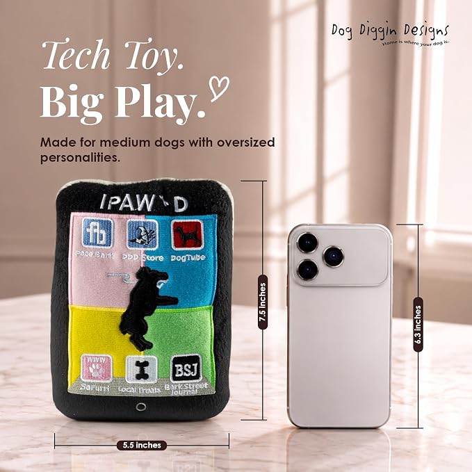 Dog Diggin Designs iPaw’d Plush Dog Toy | Luxury-Inspired Parody Smartphone Dog Toy with Squeaker, Soft Plush Novelty Dog Toy – Modern Fashion Accessories