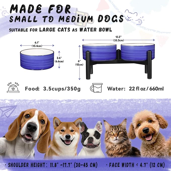 Ceramic Elevated Dog Bowl Set, 6.1''Raised Dog Food and Water Bowl Set with Non-Slip Stainless Steel Stand, Double Raised Dish for Small and Medium Breed, 3.5 Cups / 22 Fl Oz,Blue