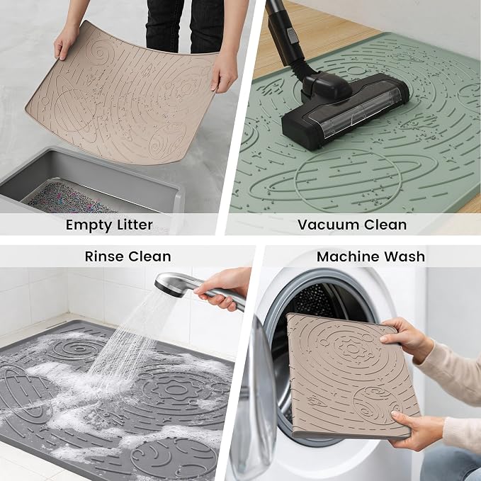 OHMO Cat Litter Mat Medium 23.6x15.7in, Beige Silicone Rubber Scatter Control Kitty Litter Box Trapping Mat, Waterproof Easy to Clean, Odorless Pet Supplies, Indoor Cat Essentials