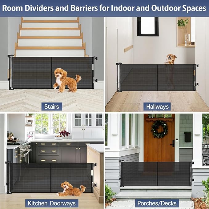 Reinforced 18 Inch Tall Retractable Dog Gate for Stairs, 55" Wide Step Over Pet Gate for Doorways, Small Pet Gate Retractable Gate Indoor/Outdoor Short Gate for Small Dogs - No Bottom Squeeze, Black