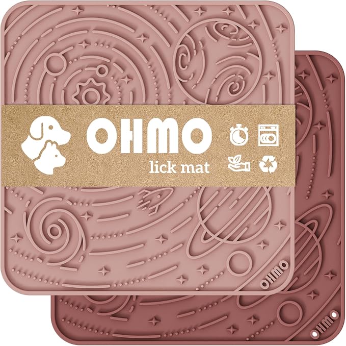OHMO Lick Mat for Dogs and Cats(Large, Mars&Coral, 2pcs) Enrichment Accessories Toy Space Star Easy Clean Pet Slow Feeder/Suction Cups, Licking Pad for Anxiety Relief and Boredom Reduction