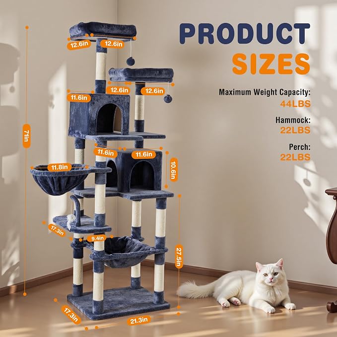 DUMOS Tall 71 inch Cat Tree Tower with Scratching Posts, Indoor Cats Use | Large Multi Level Cat Climbing Tower with Condo, Platform, Hammock, Basket, Pet Tree House for Kittens Play, Dark Grey