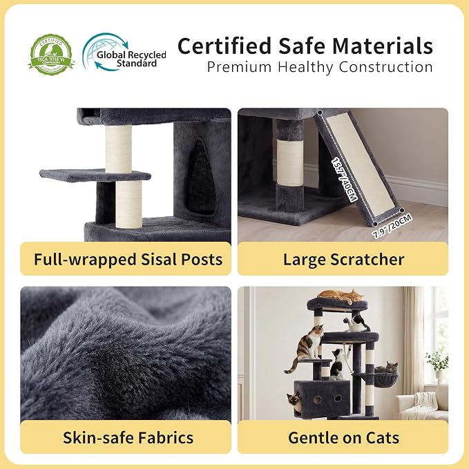 Heybly Cat Tree, 74-Inch Streamlined Cat Tower for Large Cats HCT061G | Cat Furniture with 3-Tier Stacked Condos, Large Perch, Sturdy Base, Full Sisal Scratching Posts & Ramp, Smoky Gray