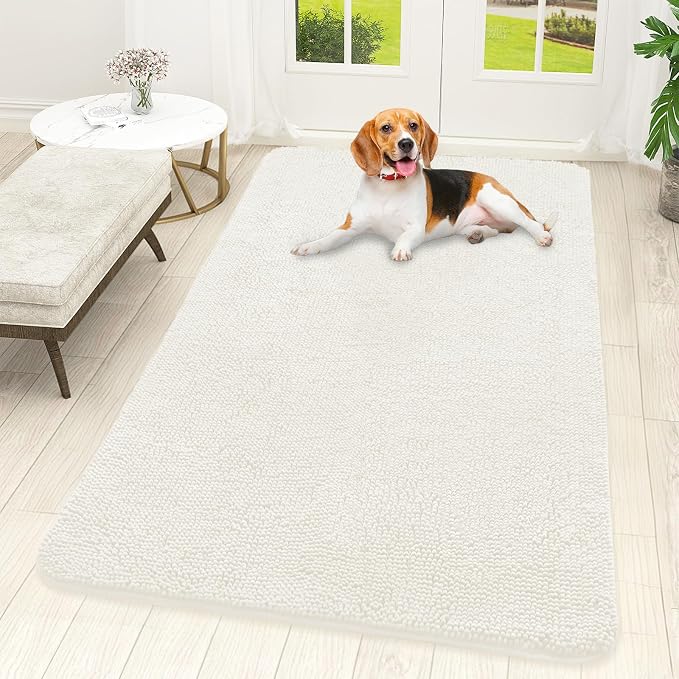 OLANLY Dog Door Mat for Muddy Paws 59x32, Super Absorbent Chenille Mud Mat | Ivory, Absorbs Moisture and Dirt, Non-Slip Machine Washable Doormat, Quick-Drying Indoor Entryway Floor Carpet for Dogs