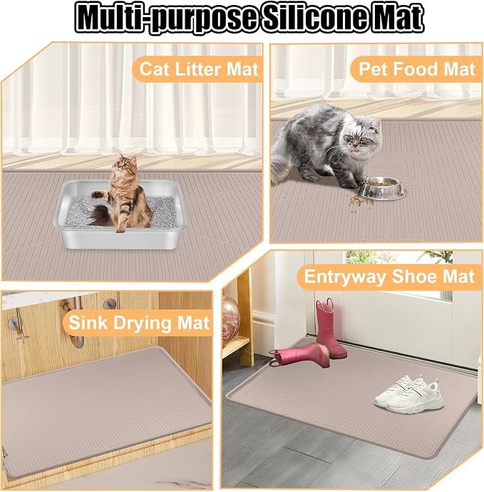Silicone Cat Litter Mat 45" x 30" Cat Mat for Litter Box, Khaki | Extra Large Cat Litter Trapping Mat for Floor, Waterproof, Non-Slip Kitty Litter Box Mat with Raised Edge, Easy to Clean