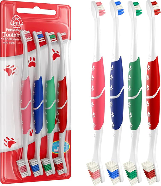 Pet Toothbrush for Dogs, Cats with Soft Bristles - Easy Teeth Cleaning & Dental Care, Non Slip Dual Head Dog Toothbrush for Medium & Large Pets, Toothpaste Not Included, Pack of 4 Multi