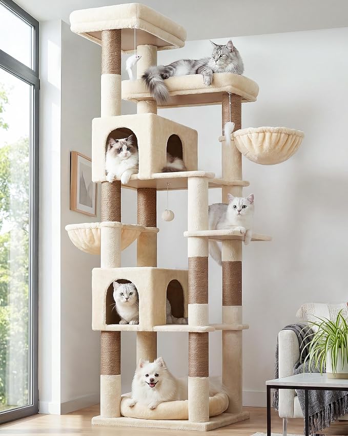 Globlazer Sturdy Extra Large Cat Tower for Indoor Cats, S81C, Beige | 81 inch Heavy Duty Cat Tree for Indoor Large Adult with 8 Scratching Post, 2 Cat Condos, 2 Platform