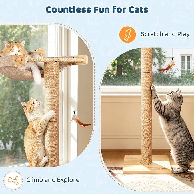 Cat Window Perch Hammock with 3-Piece Detachable Sisal Scratching Posts, Drill-Free Suction Cup Mount, Multi-Level Climbing Perch for Bird Watching, 45 LBS Capacity