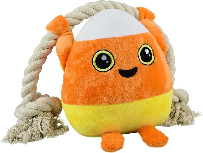 Native Pup Dog Toy Rope and Plush Stuffed Squeaker, Tug of War Toys for Dogs, Puppy Welcome Home Add on for Pets (Candy Corn)