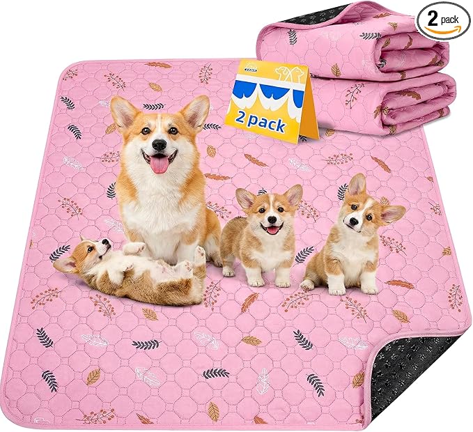 Sunheir Washable Pee Pads for Dogs 2-Pack Reusable Puppy Pads Pet Training Pads, Waterproof Dog Pee Pads for Crate, Whelping Pad, Non-Slip Protects Against Urine Leakage (Leaves - Pink, 31x36)