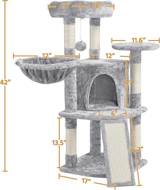Topeakmart 42in Cat Tree Tower for Indoor Cats, Cat Condo with Perch & Hammock, Activity Center, Multi-Level Cat Furniture with Scratching Posts, Cat House, Light Gray