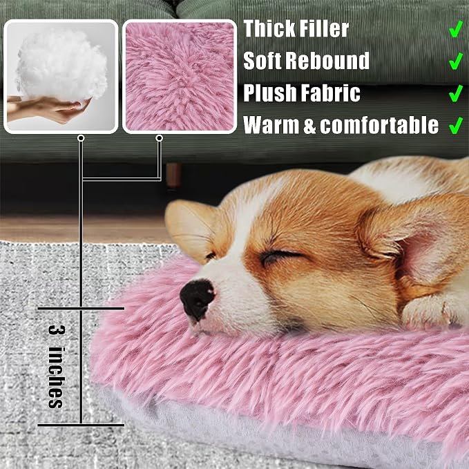 Machine Washable Dog Bed, Deluxe Plush Dog Crate Pad and Cat Bed, Anti-Slip Bottom Kennel Pad Mat, Fuzzy Pet Beds for Large, Medium, Small Dogs Breeds (Pink Mauve, 24.0"L x 18.0"W x 3.0"Th x 1 PACK)