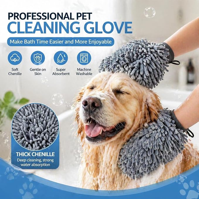 Super Absorbent Dog Dry Bath Gloves, Chenille Microfiber Pet Dirty Dogs Grooming Glove, Suitable for All Dog Breeds, For Wiping Wet Paws and Bodies, Machine Washable 2 Pack
