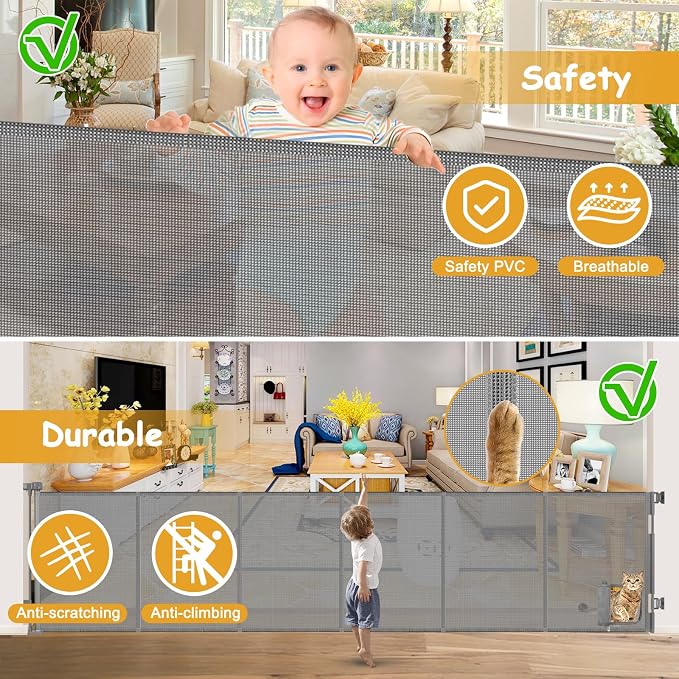 Reinforced 150 Inch Extra Wide Dog Gate with Cat Door 12.5 Ft Extra Long Baby Gates for Large Openings 37” Tall Retractable Pet Gates for Wide Openings Large Pet Gate with Cat Door, Gray
