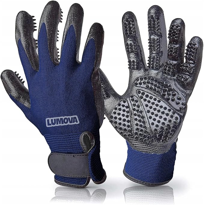 Dog Grooming Gloves – Shedding Gloves for Dogs, Cats & Horses – Pet Grooming Glove & Hair Remover – Dog Brush Glove for Bathing, Deshedding & Massage Mitt– Adjustable Fit (Blue&Black)