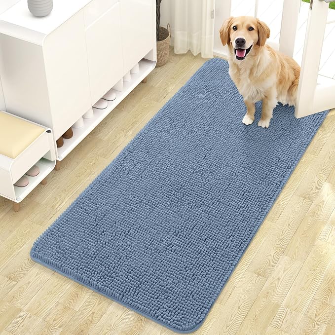 OLANLY Dog Door Mat for Muddy Paws 47x24, Super Absorbent Chenille Mud Mat | Airy Blue, Absorbs Moisture and Dirt, Non-Slip Machine Washable Doormat, Quick-Drying Indoor Entryway Floor Carpet for Dogs