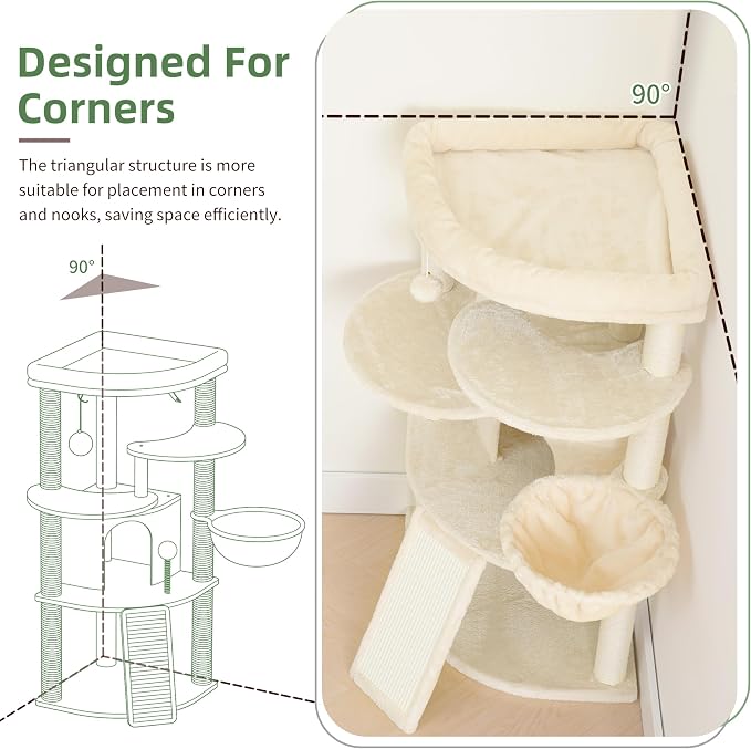 Corner Cat Tree Tower with All Sisal Scratching Posts GCT025MU | 44.1" Cat Furniture with Multi-level Cat Condo, Cat Cave, Hanging Basket, Sisal Scratching Ramp for Indoor Cats, Beige