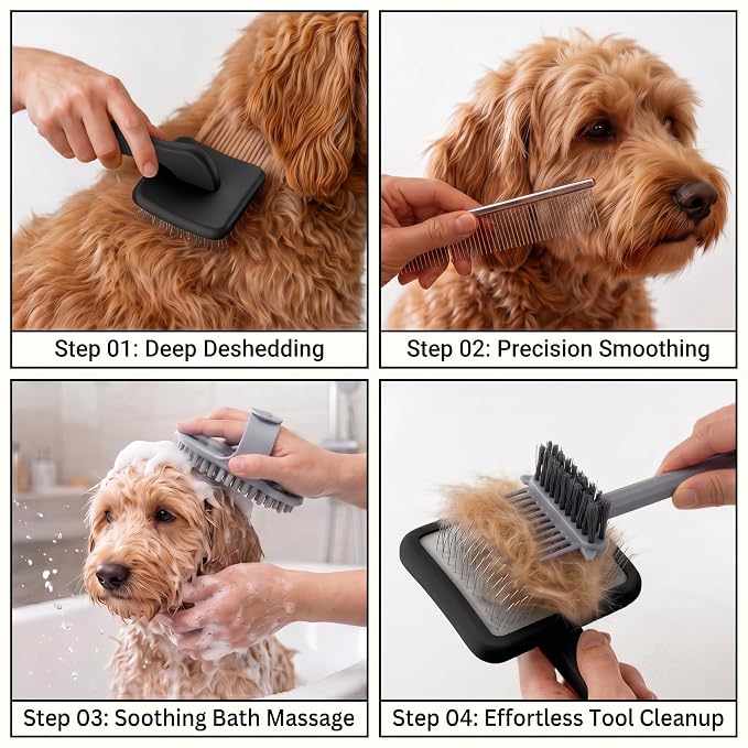 Slicker Brush for Dogs, Professional Dog Grooming Brush Kit 4PCS | Doodles Brush for Goldendoodles Poodles, Long Pin Haired Brush, Easy to Daily Detangling to Prevent Matting