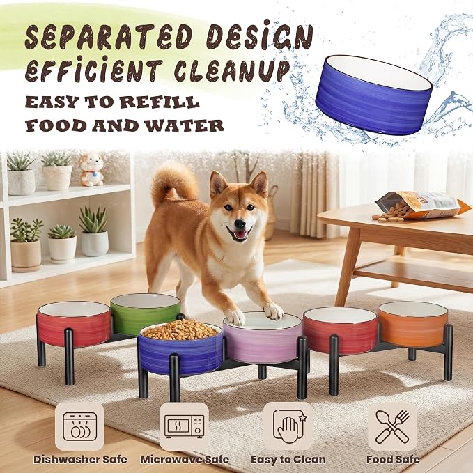 Ceramic Elevated Dog Bowl Set, 6.1''Raised Dog Food and Water Bowl Set with Non-Slip Stainless Steel Stand, Double Raised Dish for Small and Medium Breed, 3.5 Cups / 22 Fl Oz,Classic Pastels